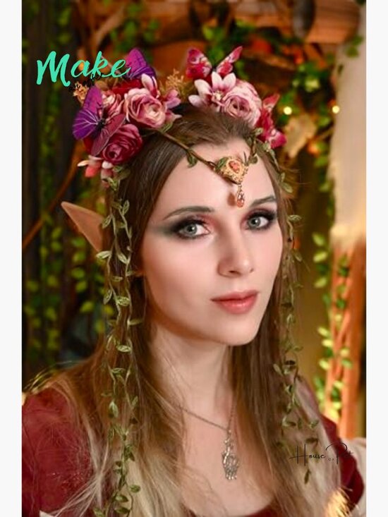 Fairy Flower Crown - Elf Woodland Headpiece Floral Vine Headband with Butterfly main image 4
